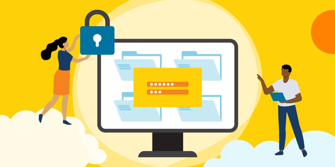 Illustration of a password prompt on a computer screen. There are two office workers standing alongside the screen. One is holding a padlock.