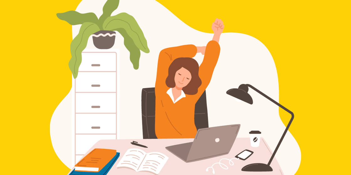Illustration of an office worker stretching their arms while sitting at their desk.