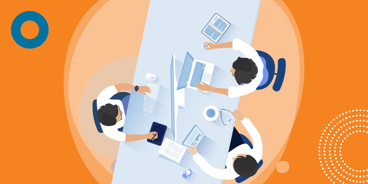 Illustration of coworkers at a shared desk space, looking down from above.
