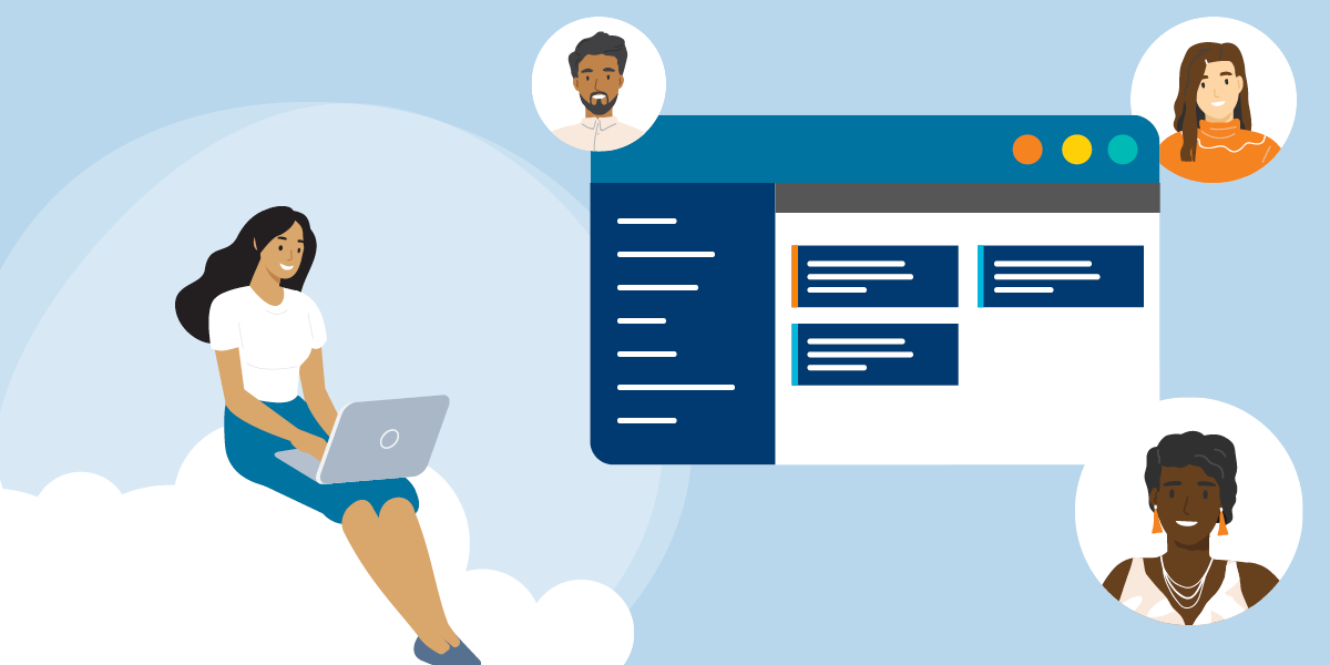 Illustration of an office worker sitting with a laptop. An app window and headshots of colleagues is inset.