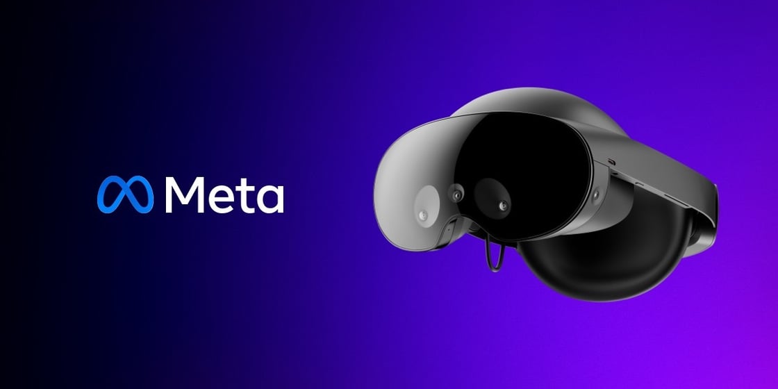 Meta Quest VR headset on a purple-and-black background. The Meta logo is inset.
