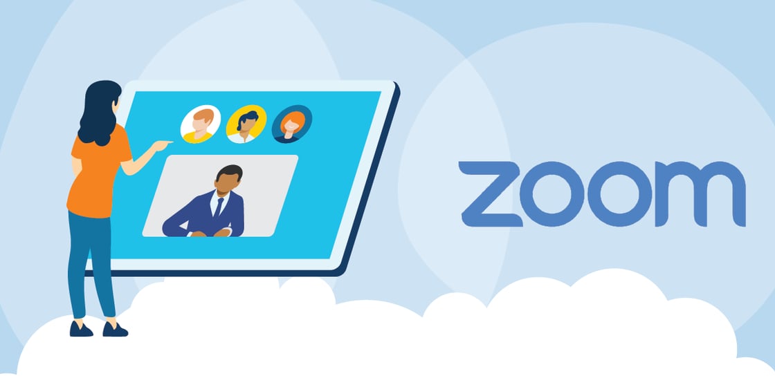 Person using videoconferencing software on a floating screen among the clouds. A Zoom logo is overlaid on the illustration.
