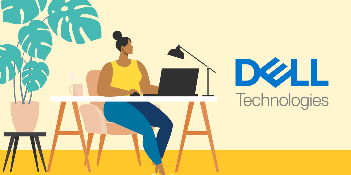 Illustration of an office worker sitting at a desk, using a laptop. The Dell Technologies logo is inset.