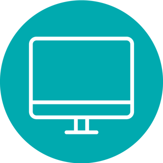 Icon of a desktop computer on a teal background.