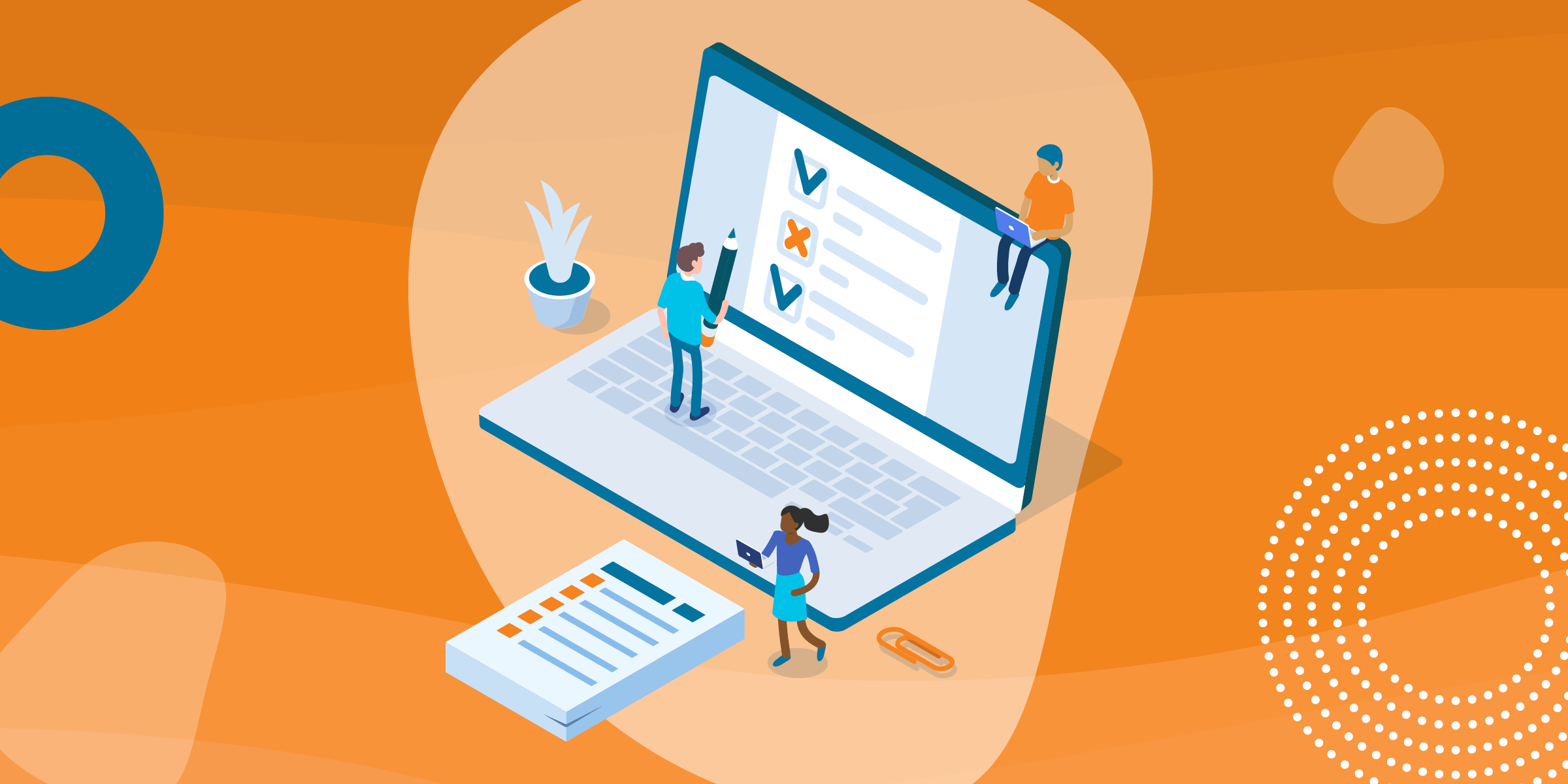 Tiny people taking an online survey on an oversized laptop