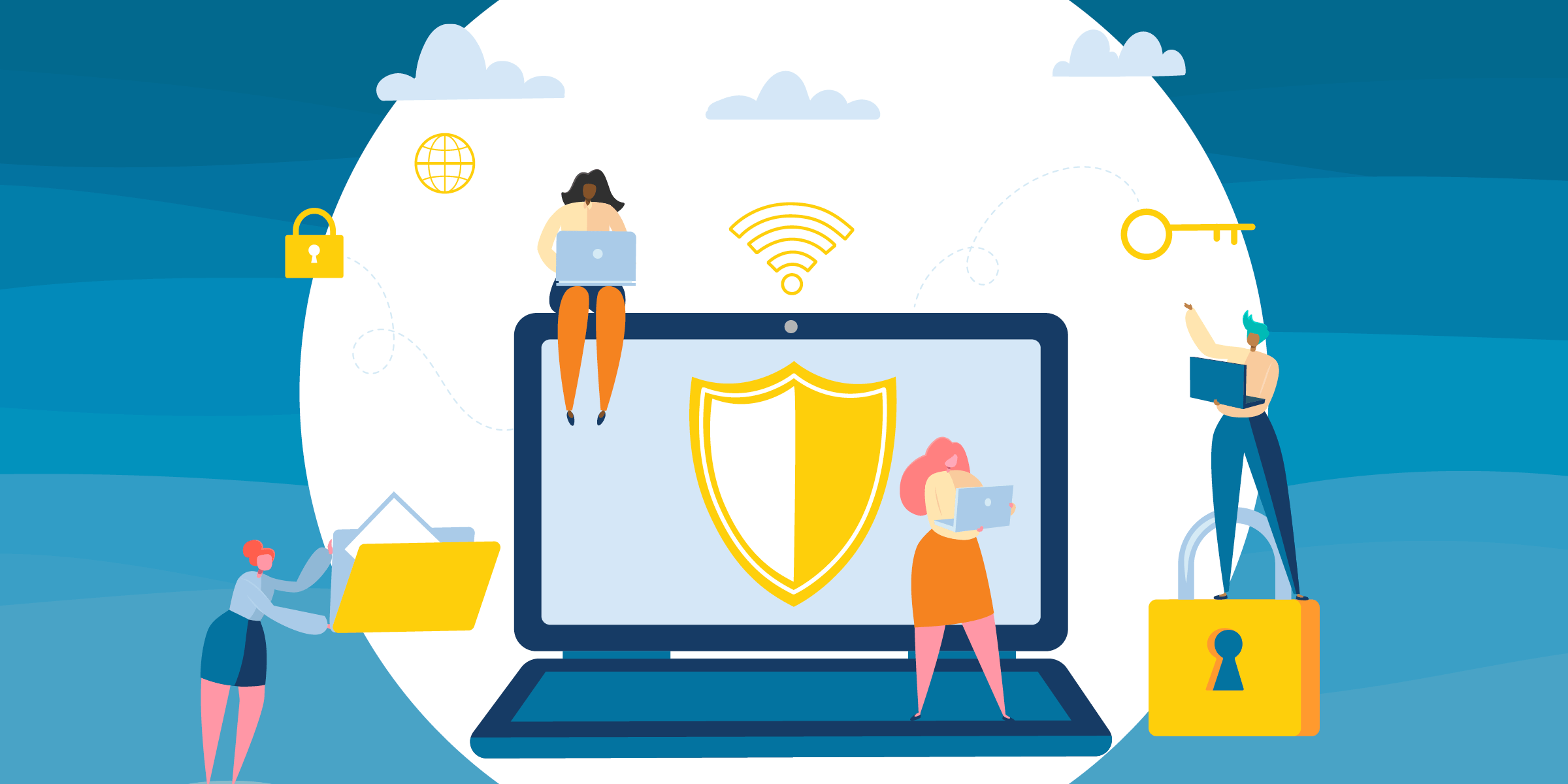 A group of tiny people sitting around a laptop next to security icons