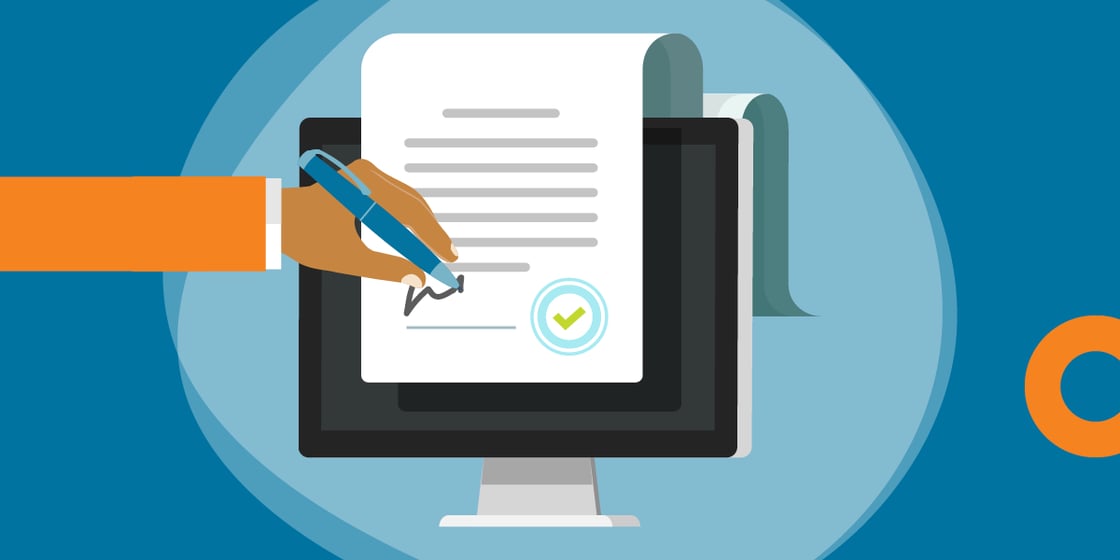 Illustration of an outstretched arm signing a document.