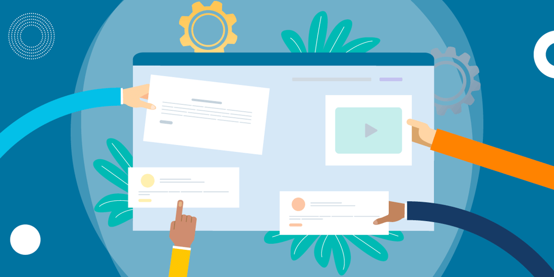 Illustration of a group putting together a website. Outstretched arms are putting webpage elements into place.